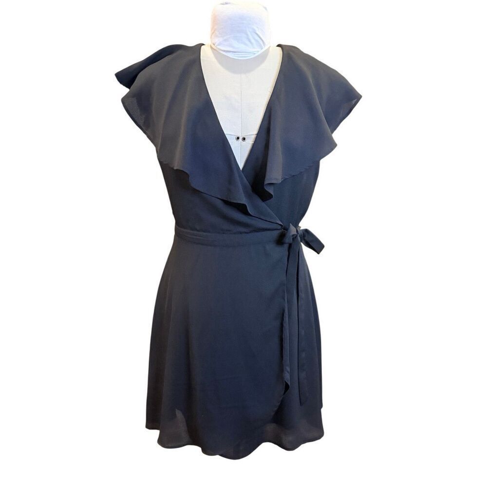 Gianni Bini Ruffle Wrap Dress Large Black Knee Length Feminine Girly